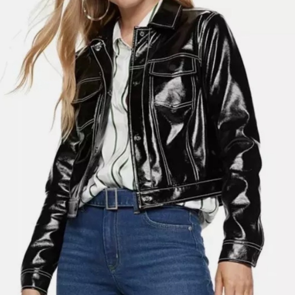 NWOT Nine West Faux Leather Biker Jacket in Black with White stitching Size S